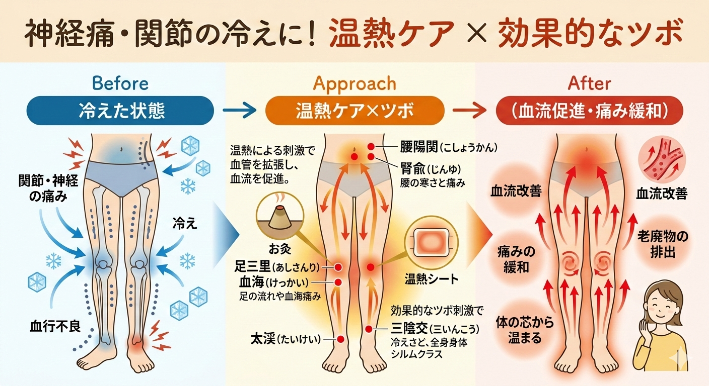 関節の冷えとジンジンする神経痛に!血流を促す「温め&ツボ」の最強コンビ